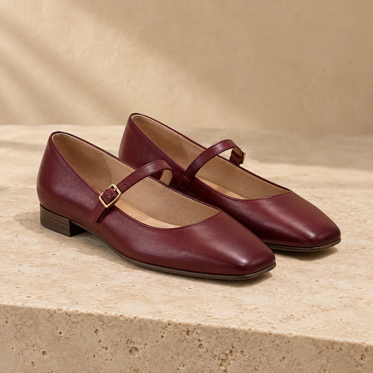 Etta Strap Flat in burgundy, footwear product photograph